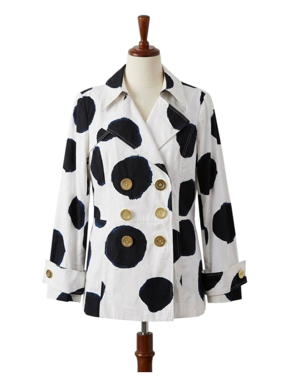 just be White Trench‎ Coat with Black Polka Dots and Gold Buttons, Size XL